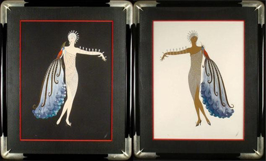 Erté, ‘Diva Suite I & II,’ signed framed prints, sheet size: 28 inches x 36 inches, 1984, numbered in pencil 264/300. Estimate: $20,000-$40,000. Image courtesy of Universal Live.