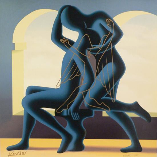 Mark Kostabi, ‘The Golden Kiss,’ signed and numbered print, 33 inches x 33 inches. Estimate: $1,350-$1,700. Image courtesy of Universal Live.   