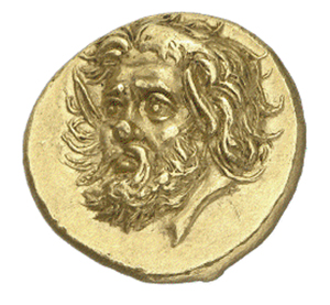 Gold stater from Pantikapaon with the image of a mythological satyr's head, sold for $3.25 million (hammer) on Jan. 5, 2012 at Baldwin's. Image courtesy of Baldwin's.