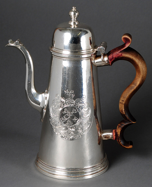 Paul DeLamerie sterling silver coffeepot. Image courtesy of Auction Gallery of the Palm Beaches Inc. 