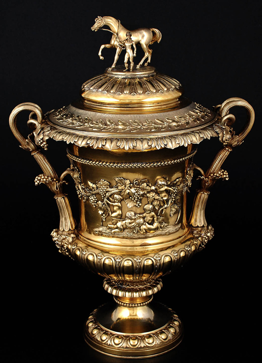 Outstanding George IV silver gilt cup and cover. Image courtesy of Auction Gallery of the Palm Beaches Inc.