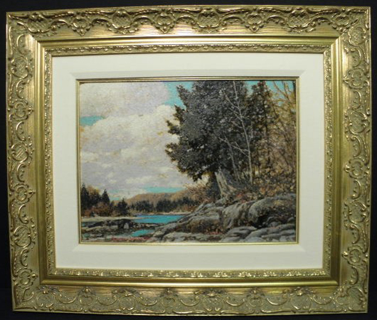 Franz Johnston (Canadian, 1888-1949), October on the Rouge, Quebec,’ oil on board, 11¾ x 15.6 in., est. $3,000-$5,000. Auctions Neapolitan image.   