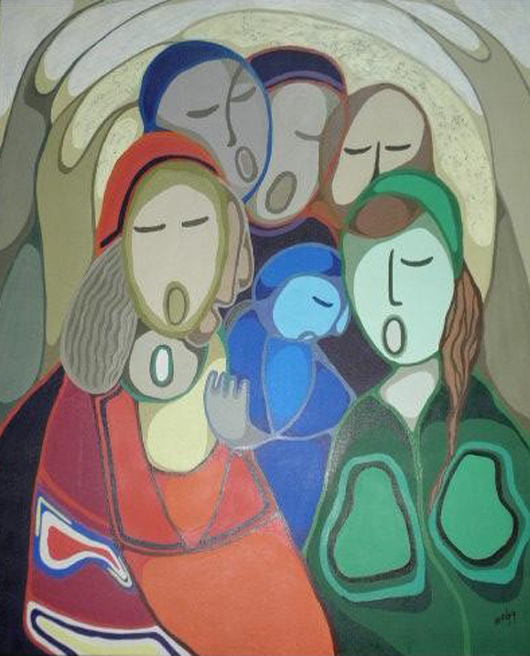 ‘Friends Rejoicing,’ Daphne Odjig (Canadian, 1919-), acrylic-on-canvas, 49¼ x 41¼ in., est. $18,000-$24,000. Auctions Neapolitan image.