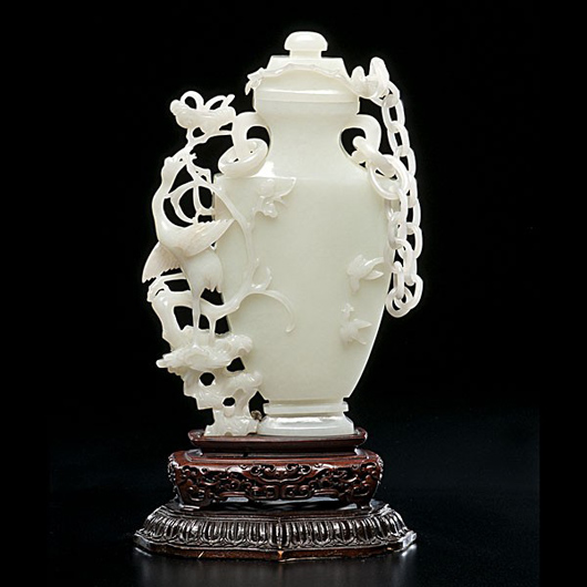 White jade hu-form lidded vase. Estimate $10,000-$15,000. Image courtesy of Cowan's Auctions Inc.