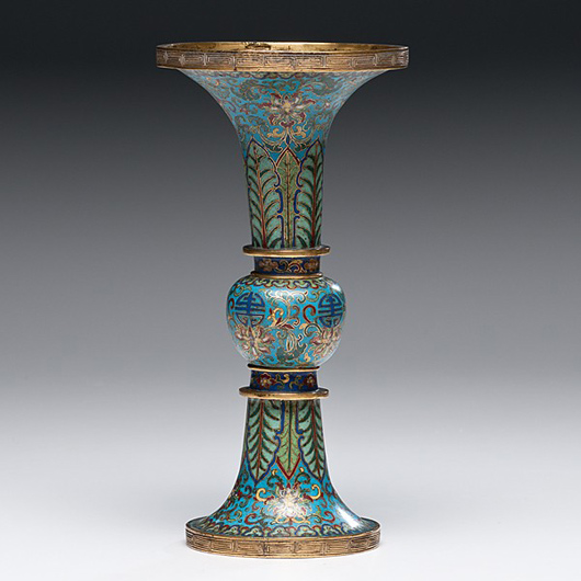 Chinese cloisonne gu-form vase. Estimate: $12,000-$15,000. Image courtesy of Cowan's Auctions Inc.