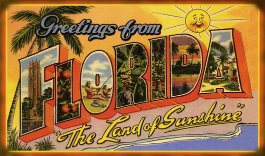 Vintage large-letter postcard 'Greetings from Florida.' Image courtesy of Floridiana Festival & Highwaymen Artist Show.