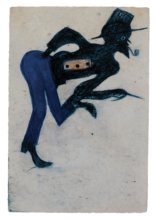 Bill Traylor, Untitled, circa 1939–1947, poster paint, pencil, colored pencil, and charcoal on cardboard, 10⅝ x 7¼ inches, High Museum of Art, T. Marshall Hahn Collection, 1997.115. 