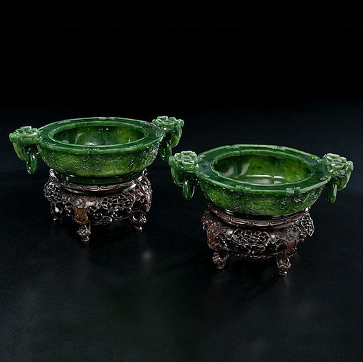 Two spinach jadeite octagonal bowls. Estimate: $10,000-$15,000. Image courtesy of Cowan's Auctions Inc.