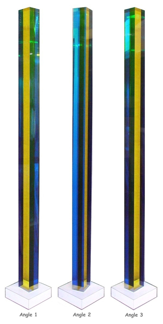 Triple-angle view of Velizar Vasa (Yugoslavian, b. 1933-) multicolor acrylic column, two to be auctioned, 101 inches tall inclusive of stand. Provenance: Mrs. David E. Bright. Est. $4,000-$6,000 each. Clark’s Fine Art image.