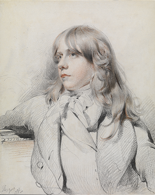 Sir Thomas Lawrence PRA, 1769-1830, 'Portrait of John Millington, aged 16,' red and black chalks 8 7/8 x 7 1/8 inches; signed with initials and dated: 'TL June 1795.' Image courtesy Lowell Libson Ltd.