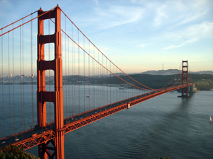 The Golden Gate Bridge and San Francisco at sunset, taken from the Marin Headlands. Image by Rich Niewiroski Jr. This file is licensed under the Creative Commons Attribution 2.5 Generic license.