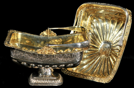 Pair of Russian silver cake or bread baskets, Moscow, 1844, 10 1/2 inches high by 10 inches wide by 7 1/2 inches deep. Estimate $ 3,000-$5,000. Image courtesy of Gray’s Auctioneers.