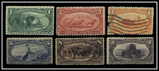 U.S. postage stamps, Trans Mississippi, Scott Catalog #285-290. Image courtesy of William Jenack Estate Appraisers and Auctioneers.   