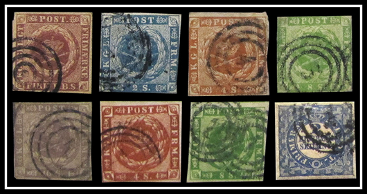 Denmark postage stamps, Scott Catalog #1-8. Image courtesy of William Jenack Estate Appraisers and Auctioneers.   