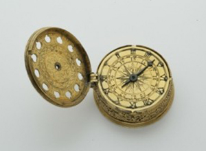 The gilt brass drum-shape pendant watch appears to be an early case with a later (18th century style) custom-made movement. It has an engraved 24-hour dial with a single hand. The estimate is $2,000-$3,000. Image courtesy of Keno Auctions.