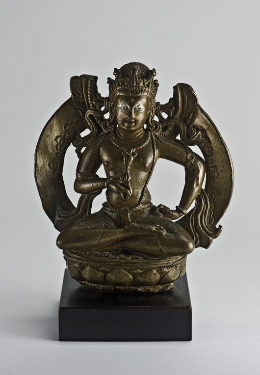 Exhibiting at C.G. Boerner Gallery, 23 East 73rd Street, John Siudmak Asian Art, presents 'Indian and Himalayan Art,' which features a brass Vajrasattva with copper and silver inlay, dating to the 11th century. While Buddhist art in Kashmir itself was in decline at the end of the 10th century, heavy demand in west Tibet led to a revival of the style at monasteries such as Ta-bo and Tholing, where it was modified following contact with Pala artists from north-eastern India. Most of the surviving art from these places consists of wall paintings and painted clay images; small-scale bronzes like this are relatively rare. 