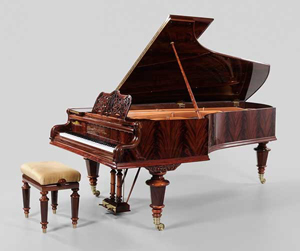  Brunk Auctions in Asheville, N.C., sold this early 1900s Bosendorfer grand piano on Jan. 14 for $52,800. It featured a figured mahogany case. Image courtesy of LiveAuctioneers.com Archive and Brunk Auctions. 