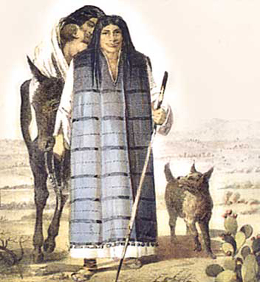 The Kumeyaay People are believed to have worn capes made of the skin or sea otter, seal or deer. Illustraton by Juan Rodriguez Cabrillo. Image courtesy of Wikimedia Commons.