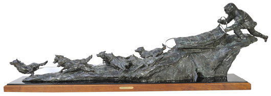 Bronze sculpture 'Crossing the Divide,' signed 'S. Sander, 86, copyright,' number 6 of 25, estimate: $4,000-$6,000. Image courtesy of Morton Kuehnert Auctioneers & Appraisers.