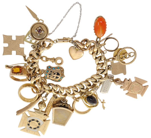 Fourteen-karat heavy link gold charm bracelet, estimate: $2,500-$4,500. Image courtesy of Morton Kuehnert Auctioneers & Appraisers.  