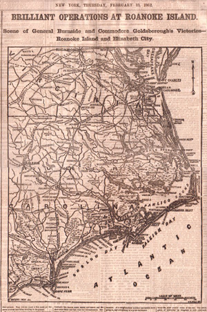 Feb. 13, 1862 edition of The New York Herald containing a 4-column front page map showing the scene of Burnside's and Goldborough's victories at Roanoke Island and Elizabeth City, N.Y. Image courtesy of LiveAuctioneers.com Archive and Scott J. Winslow Associates Inc.