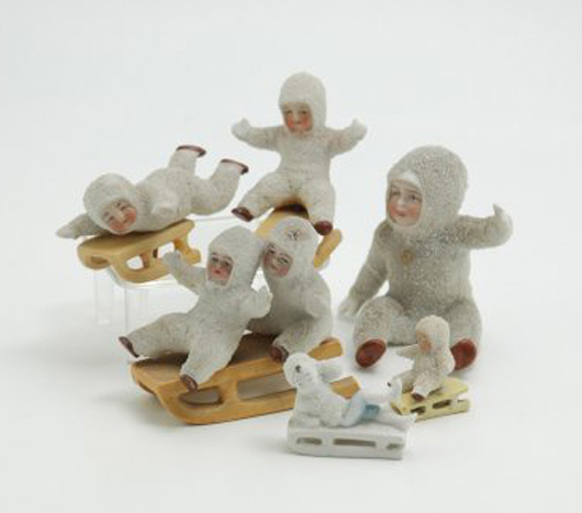 Snow babies are all about winter sports. The sled with two riders is marked ‘Germany’ on the base. The entire group sold for $316 in a 2009 Bertoia sale. Courtesy LiveAuctioneers.com Archive and Bertoia Auctions.
