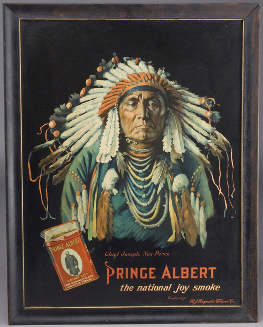 Lithograph on tin Prince Albert tobacco advertising sign, circa 1913-14. December sale: $8,050. Image courtesy of Jeffrey S. Evans & Associates.