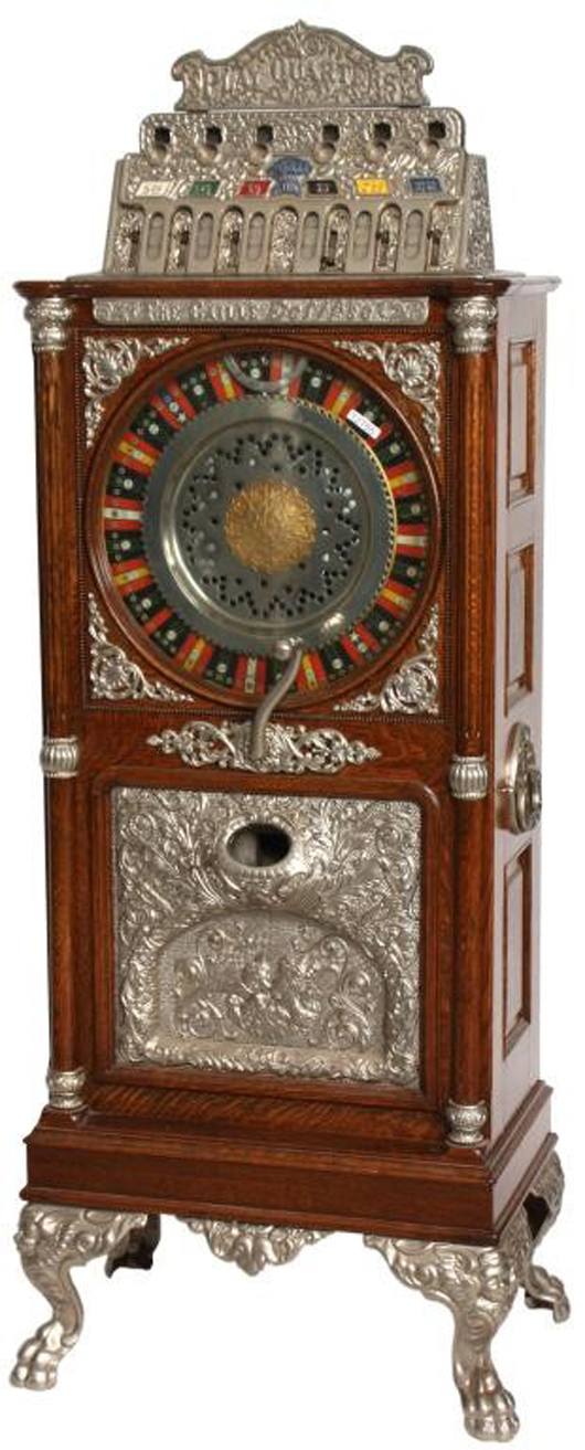 Caile Eclipse upright 25-cent oak slot machine, refinished and working (est. $15,000-$25,000). Image courtesy of Fontaine's Auction Gallery.