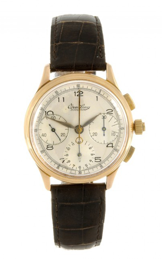 Rare 18-karat gold manual wind man's Breitling Duograph wristwatch, circa 1945, fitted to an associated brown crocodile strap, unsigned 20-jewel Venus caliber 185 with rattrapante chronograph complication. Estimate: £12,000-£18,000 ($18,500-$27,800). Image courtesy of Fellows.