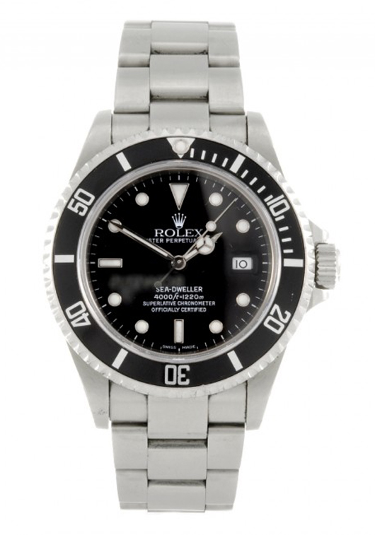 Rolex stainless steel automatic man's Oyster Perpetual Date Sea-Dweller bracelet watch circa 2002, from the estate of pioneering technical diver Carl Spencer. Estimate: £3,000-£4,000 ($4,600-$6,200). Image courtesy of Fellows.
