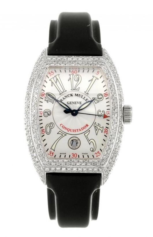 Franck Muller stainless steel automatic man's Conquistador wristwatch, tonneau-shape case with afterset diamonds to front, fitted to a black rubber strap with a steel afterset diamond pin buckle, signed movement, caliber 2800. Estimate: £3,000-£4,000 ($4,200-$6,180). Image courtesy of Fellows.   