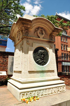 Edgar Allen Poe's gravestone in Baltimore. Photo by Andrew Horne. Imacge courtesy of Wikimedia Commons. 