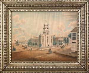 Mid-19th-century watercolor street scene of Harrisburg with the German Reform Church as its central subject. Signed 'J.F. Messick 1857.' Auctioned on Jan. 5, 2007 at Pook & Pook. Image courtesy of LiveAuctioneers.com Archive and Pook & Pook.