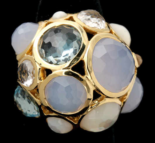 Ippolita blue topaz, chalcedony, mother-of-pearl, 18-karat yellow gold ring. Estimate: $700-$900. Image courtesy of Michaan's Auctions.