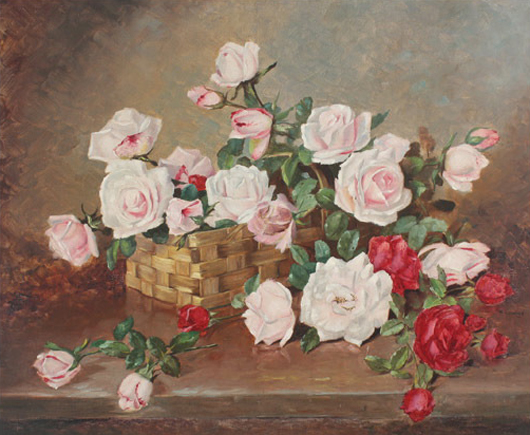 Achille Lauge (French 1861-1944), 'Basket of Roses.' Estimate: $8,000-$12,000. Image courtesy of Michaan's Auctions.