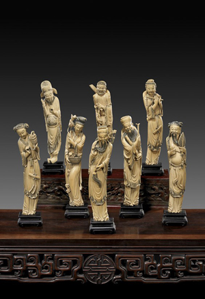 Rare set of beautifully carved Chinese ivory figures representing the Eight Immortals, each finely detailed and carrying his or her own attributes, each approximately 13 to 14 inches high. Estimate: $25,000-$30,000. Image courtesy of I.M. Chait.