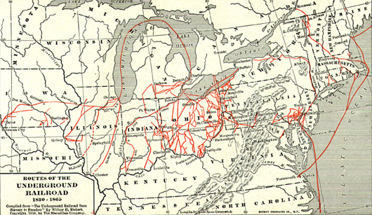 A map of the Underground Railroad compiled from 'The Underground Railroad from Slavery to Freedom' by Willbur H. Siebert published by the Macmillan Company in 1898. Image courtesy of Wikimedia Commons.