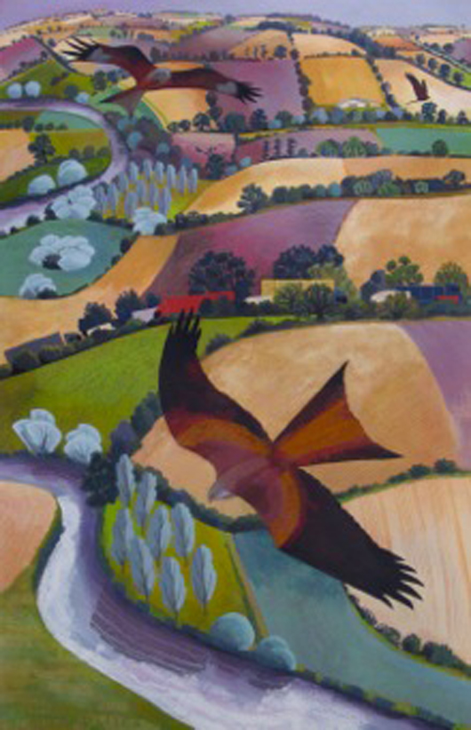 The exhibition 'Drawn to the Landscape' at the Jerram Gallery, Sherborne, Dorset from 18 February to 3 March includes this acrylic on paper by Carry Ackroyd entitled Kites. Image courtesy Jerram Gallery. 