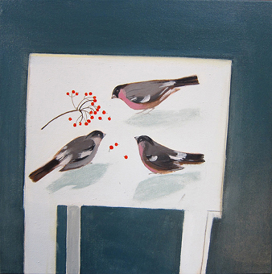 Fiona Millais's acrylic on canvas Bullfinches, included in the exhibition 'Drawn to the Landscape' at the Jerram Gallery in Dorset from 18 February to 3 March. Image courtesy Jerram Gallery.
