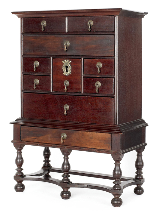 This Philadelphia William and Mary mahogany spice or valuables box on frame has a large center drawer that conceals a secret drawer. The important cabinet sold for $112,575. Image by Pook & Pook Inc.