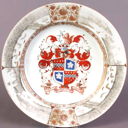 Export porcelain armorial decorated plate, Chinese, second quarter 18th century. Estimate $4,000-$5,000. Image courtesy of Stefek's Auctioneers & Appraisers. 