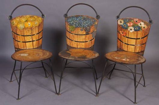 Three Trompe L'Oeil Decorated Metal Chairs Designed by John Vesey, American, 20th Century. Estimate $500/700. Image courtesy of Stefek's Auctioneers & Appraisers.