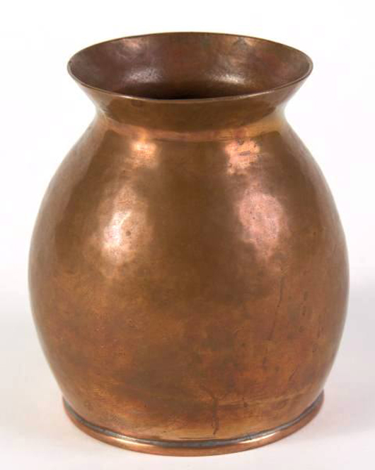 Harry Bertoia (Italian/American 1915-1978), hammered copper vase with flaring rim and globular body. Marked underfoot 'HB' and 'CA'. Purchased by the present owner from Harry Bertoia in 1941 while a student at Cranbrook Academy of Art. Estimate $4,000-$6,000. Image courtesy of Stefek's Auctioneers & Appraisers. 