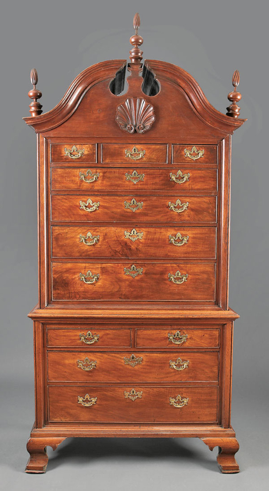 American Chippendale carved walnut chest-on-chest, circa 1760, probably Delaware Valley, height 95 1/2 inches, width 45 3/4 inches, depth 24 5/8 inches. Estimate: $40,000-$60,000. Image courtesy of Neal Auction Co.   