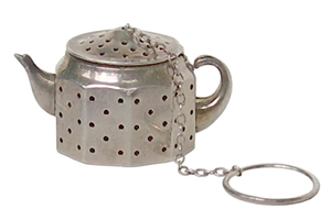 This 1-inch-high octagonal teapot is a tea infuser, the inspiration for the teabag. It is sterling silver and would sell for about $100. It can be used every day. Just open the top and, because tea leaves expand, fill it less than halfway. Then dip it in a cup of hot water.