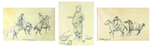 These three pencil sketches by Charles M. Russell will be offered at Clars Auction Gallery for the first time on Sunday, Feb. 19. Estimate: $60,000-$80,000. Image courtesy of Clars Auction Gallery.   