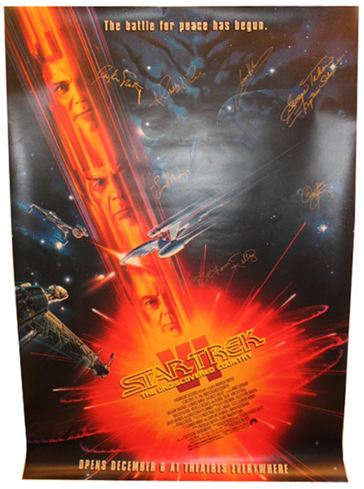'Star Trek VI: The Undiscovered Country' poster signed by seven members of the cast: William Shatner (Kirk), Nichelle Nichols (Uhura), George Takei (Sulu), Walter Koenig (Chekov), Leonard Nimoy (Spock), James Doohan (Scotty), and DeForest Kelley (McCoy). Estimate: $1,000-$10,000. Image courtesy of King’s Auction.   