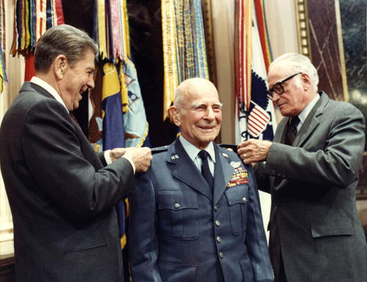 President Ronald Reagan and Senator Barry Goldwater award Gen. Jimmy Doolittle a fourth star 26 years after his retirement from the U.S. Air Force. Gen.Doolittle was advanced to four-star rank by Senate confirmation, making him the first person in Air Force Reserve history to wear four stars. Photo taken April 10, 1985 by Bill Fitz-Patrick, White House Photo Office.