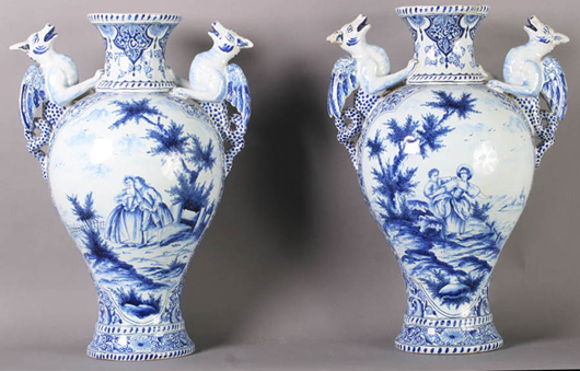 Pair of early 18th-century Dutch faience vases, signed 'AL 769,' A. Luffen, Rotterdam, Holland, 17 1/2 inches high. Estimate: $1,000-$2,000. Image courtesy of Kamelot Auction House.