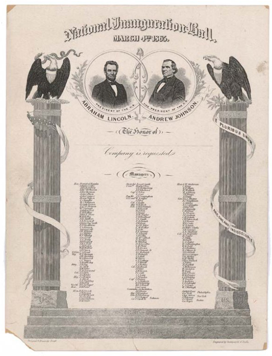 Invitations to Abraham Lincoln's inauguration balls were among the items allegedly stolen by Barry Landau of New York City. Image courtesy of LiveAuctioneers.com Archive.